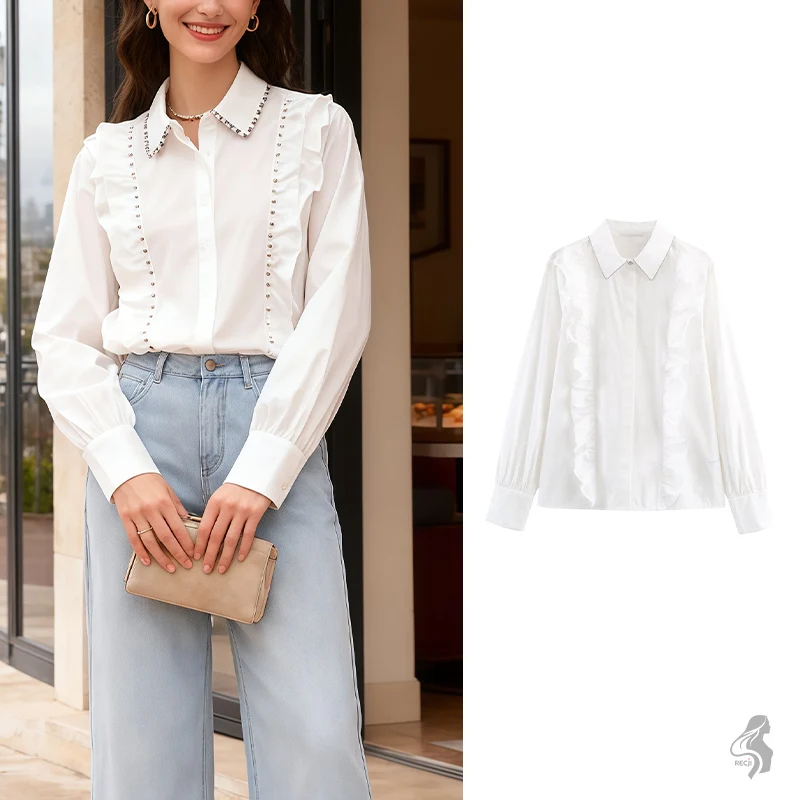 

Ruffled Trim Shirt With Piped Collar Long Sleeve Top Autumn And Winter Womens Wear Can Be Worn As Inner Layer Or Outerwear