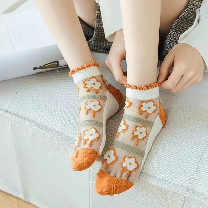 5/10 Pairs Women's Summer Thin Socks Crystal Glass Stockings Cute Sweet Short Shallow Mouth Small Flower Socks Card Stockings