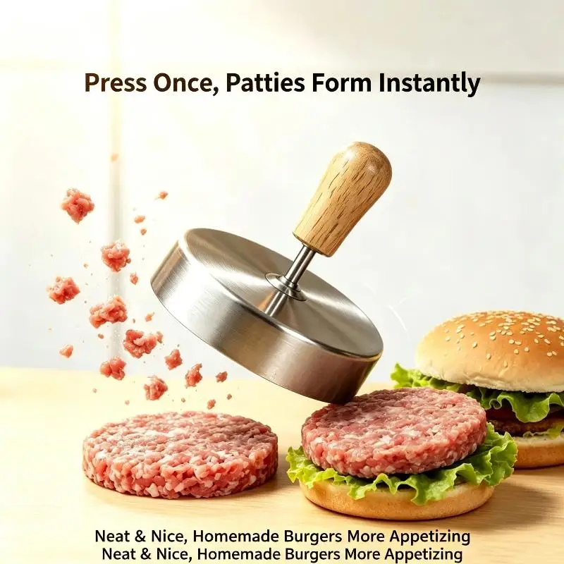 New Sale Stainless Steel Hamburger Patty Press Anti Slip Wooden Handle Nonstick Surface For Home Kitchen BBQ Homemade Burgers