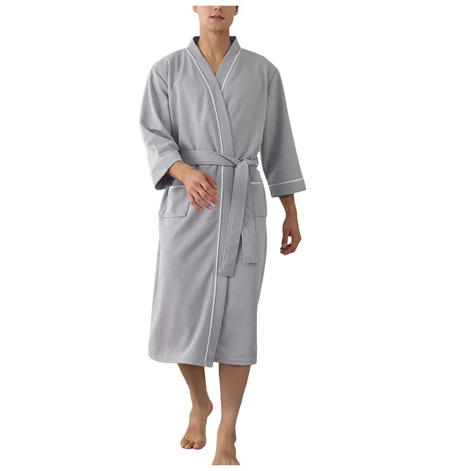 Men Women Bath Robe Long Sleeve Knee-Length Bathrobe With Belt Pockets Soft Loungewear Nightwear Spa Robe Home Gown Sleepwear