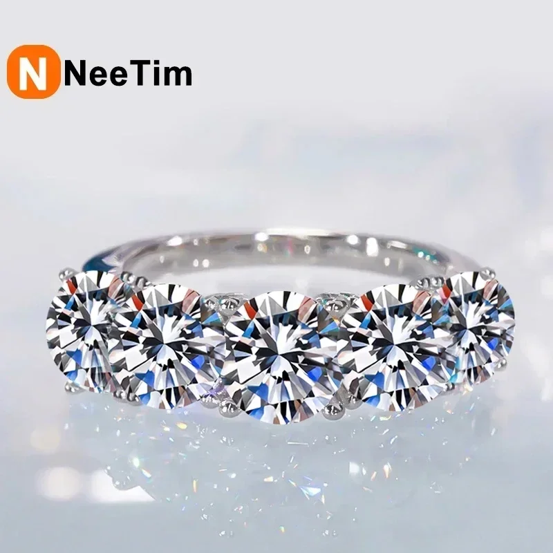 NeeTim 5mm 6.5mm Full Moissanite Ring for Women S925 Sterling Silver Eternity Sparkling Diamond Band Wedding Rings Jewelry GRA