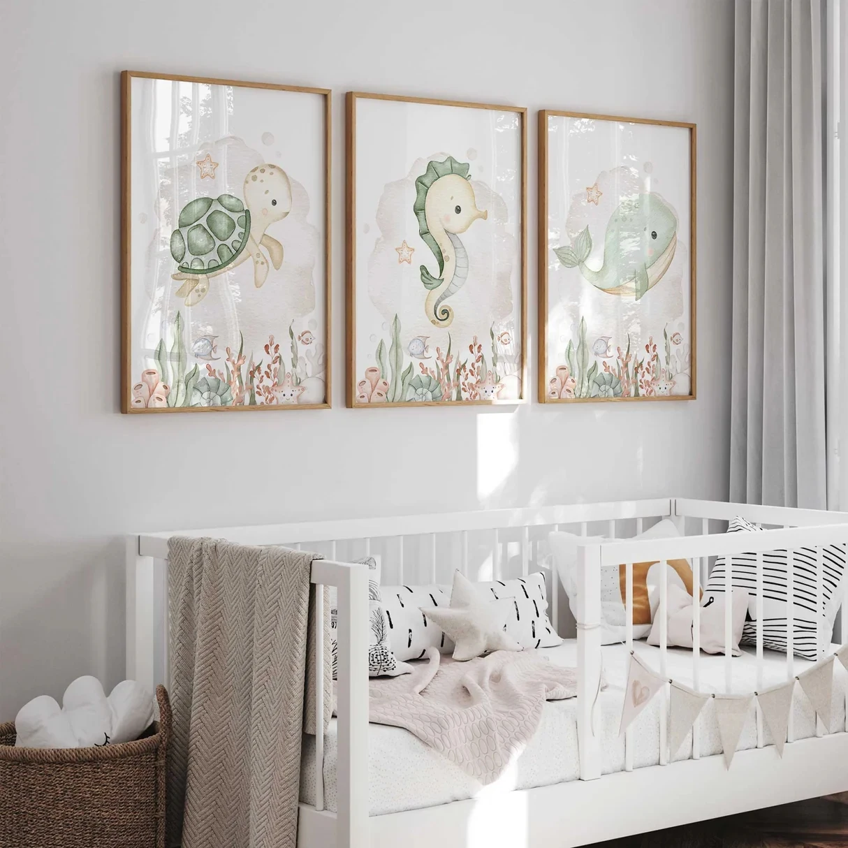 3pcs frameless Canvas Painting 3pcs Cartoon Green Ocean Animals Wall Art Print Canvas Painting Poster Picture For Living Room,Be