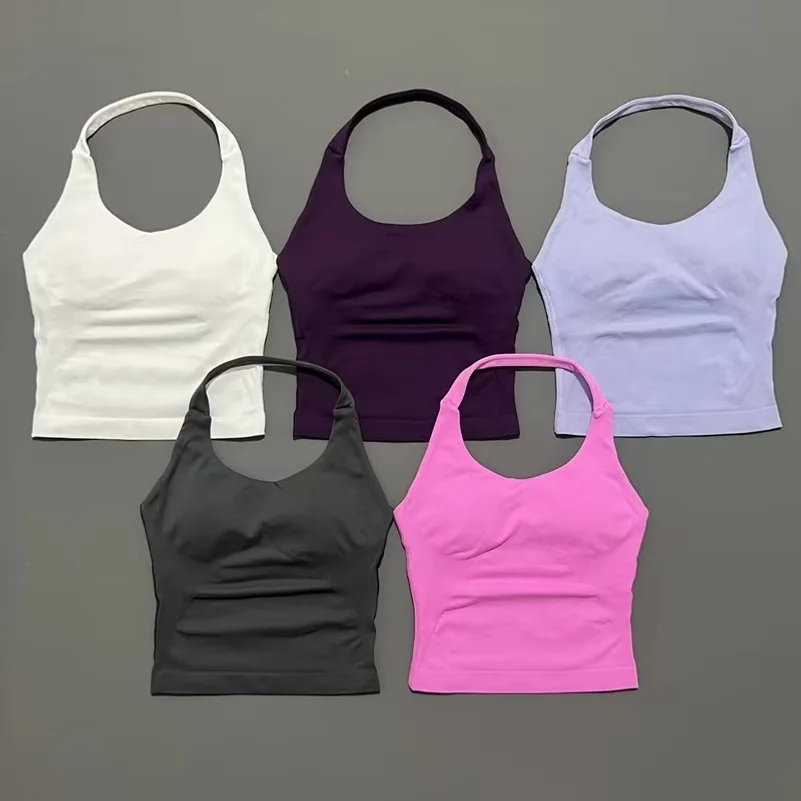 Histello Women Halter Longline Sports Tank, Seamless Ruched Backless Strappy Top, Gym Workout Yoga Fitness Activewear