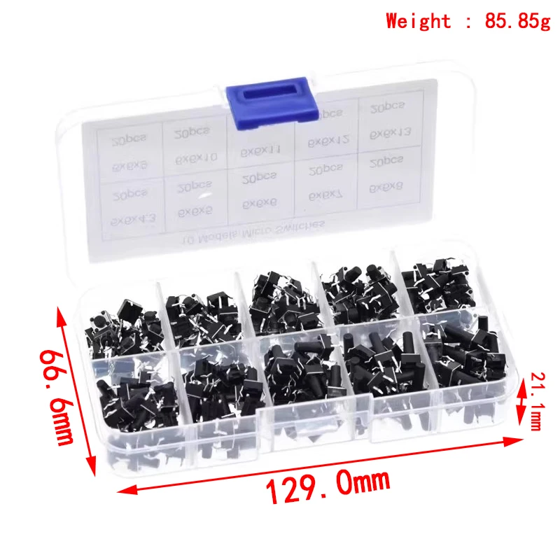10 Value= 200pcs 6*6 Tact Switch Tactile Push Button Switch Kit, Height: 4.3MM~13MM DIP 4P Micro Switch 6x6 Key switch