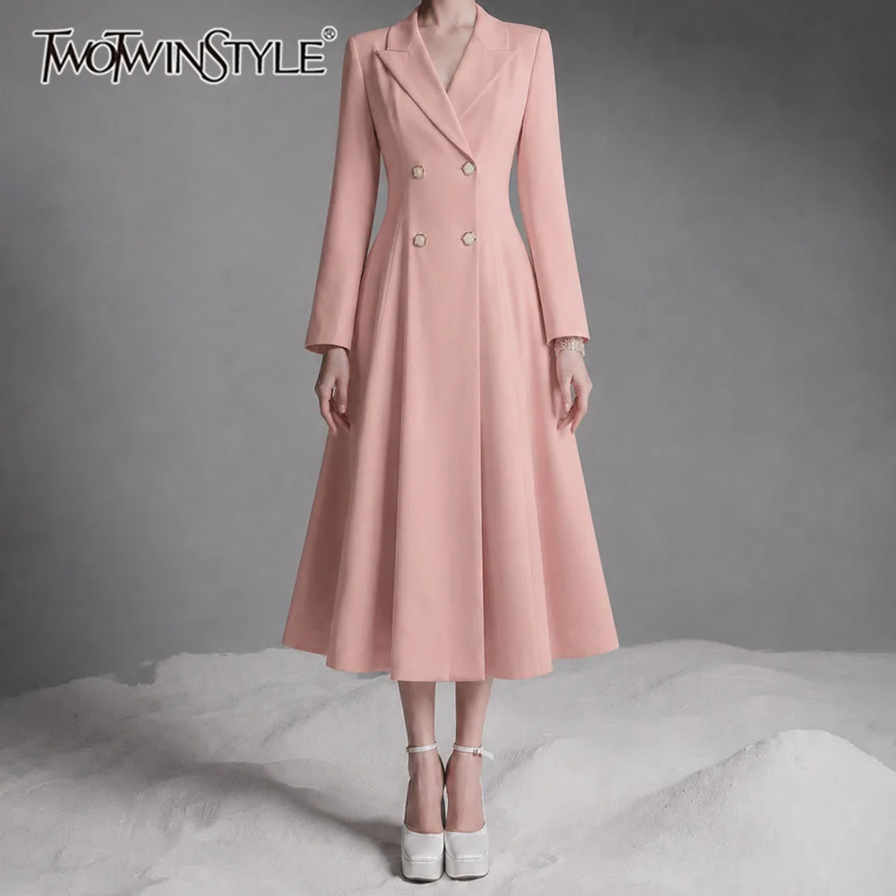 TWOTWINSTYLE Solid Spliced Double Breasted Slimming Dress for Women Lapel Collar Long Sleeve Temperament Midi Dresses Female New