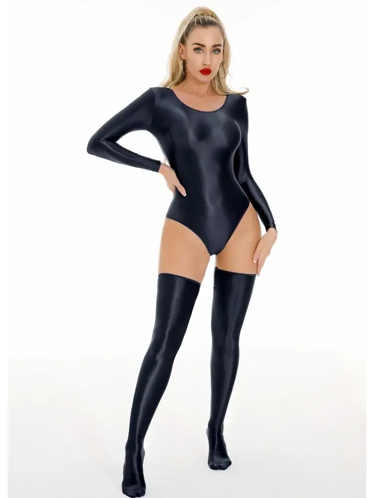 New Unisex Glossy Shiny Long Sleeve Catsuit Swimsuit Tights Sexy Body Teddies Elastic Fitness Bodysuit Swimwear Leotard Unitard image 2