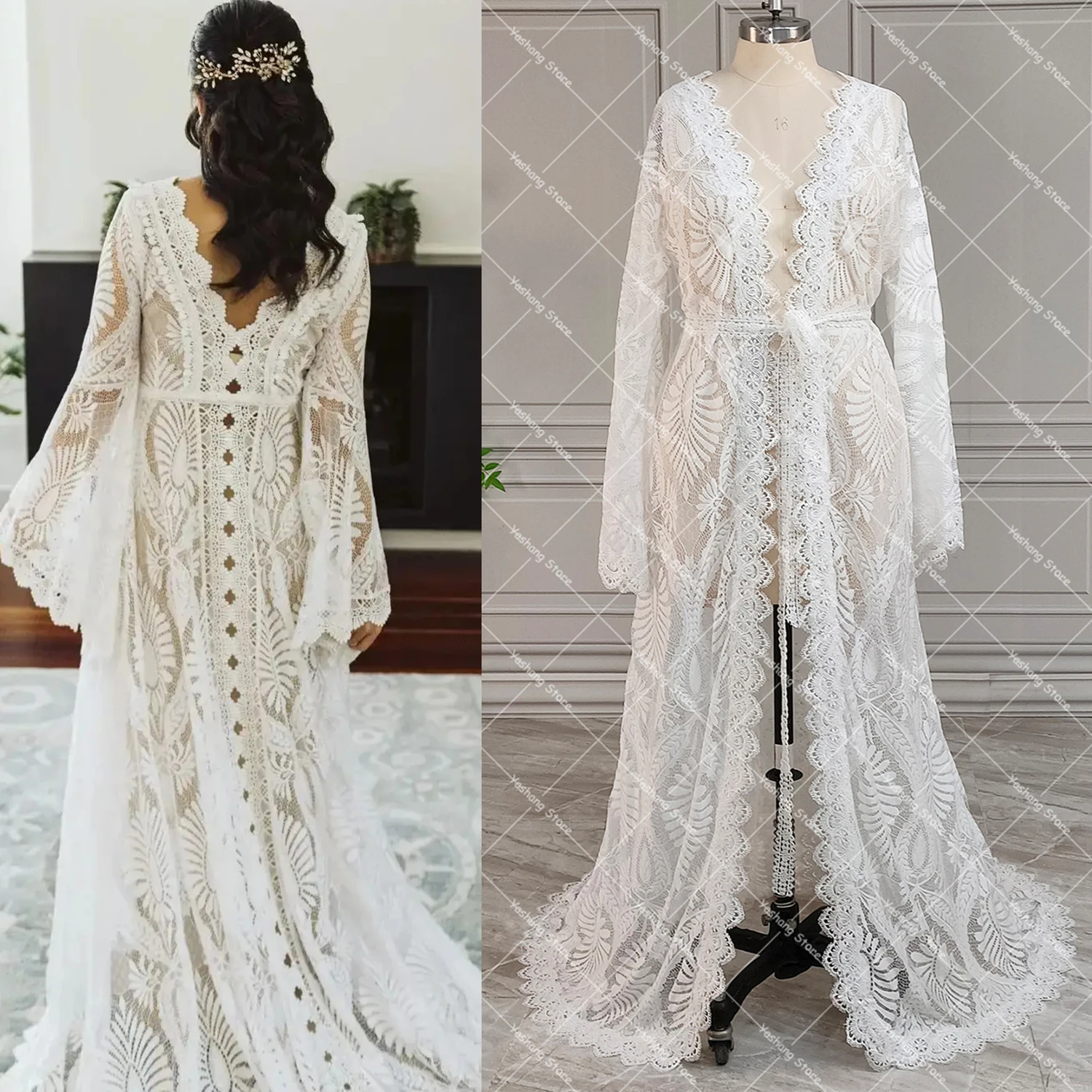 Long Bell Sleeves Lace Maternity Photoshoot Robe Custom Made Open Front V Neck Scalloped Hem Fabric Flowy Boho Wedding Dress