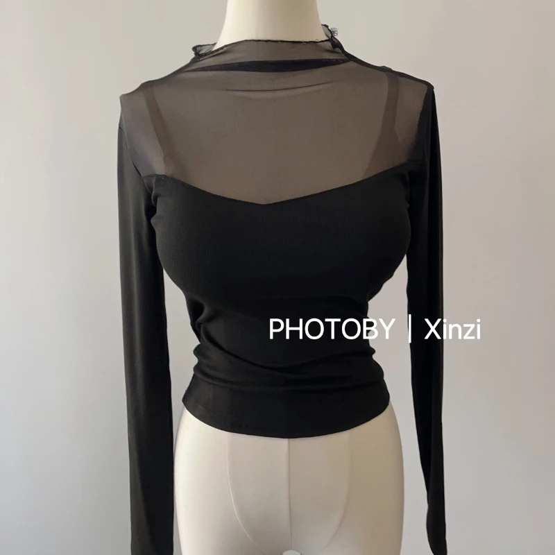 Wholesale Mesh T Shirts High Strecth Slim Tops 2024 New Korean Style Spring Long Sleeve Sexy See-through T Shirts for Women