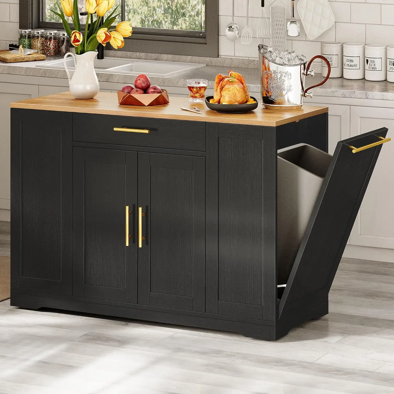 

53 inch Large Rolling Kitchen Island with Trash Can Storage Cabinet, Portable Mobile Islands Table Long Floating Movable