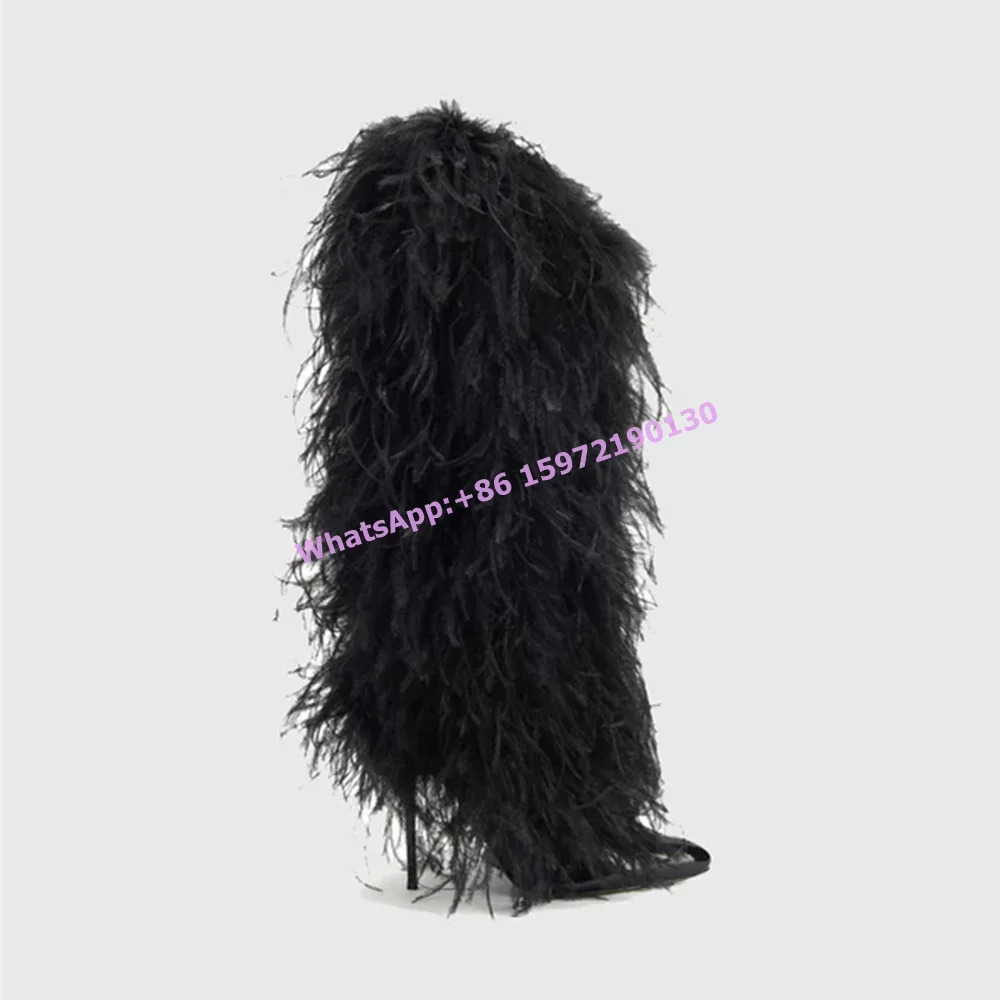Black Furry Mid Calf Boots Pointy Toe Thin Heels High Quality Sexy Fashion Winter Warm Boots Slip On Soft Banquet Boots 2025