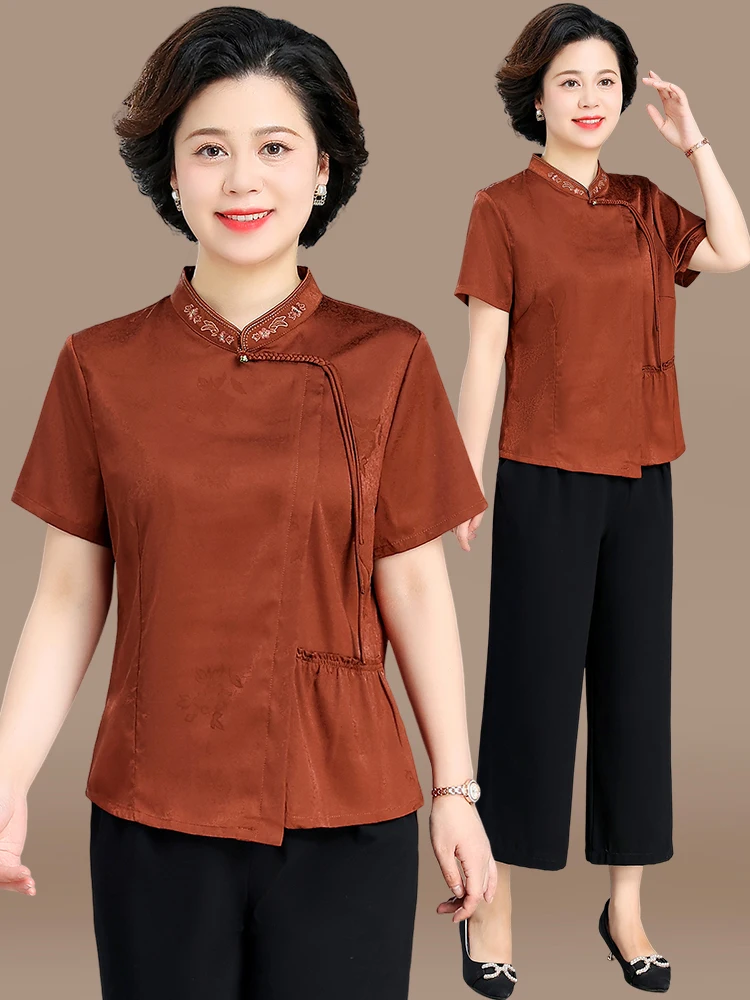 

Летний модный комплект для женщин: топ и шорты, для женщин среднего возраста, в традиционном китайском стиле, свободный крой, из полиэфирного волокна, с круглым вырезом.