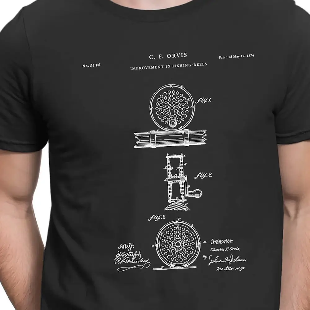 Fly Fishing Reel Patent T Shirt Fisherman Lake Gear S Pt252