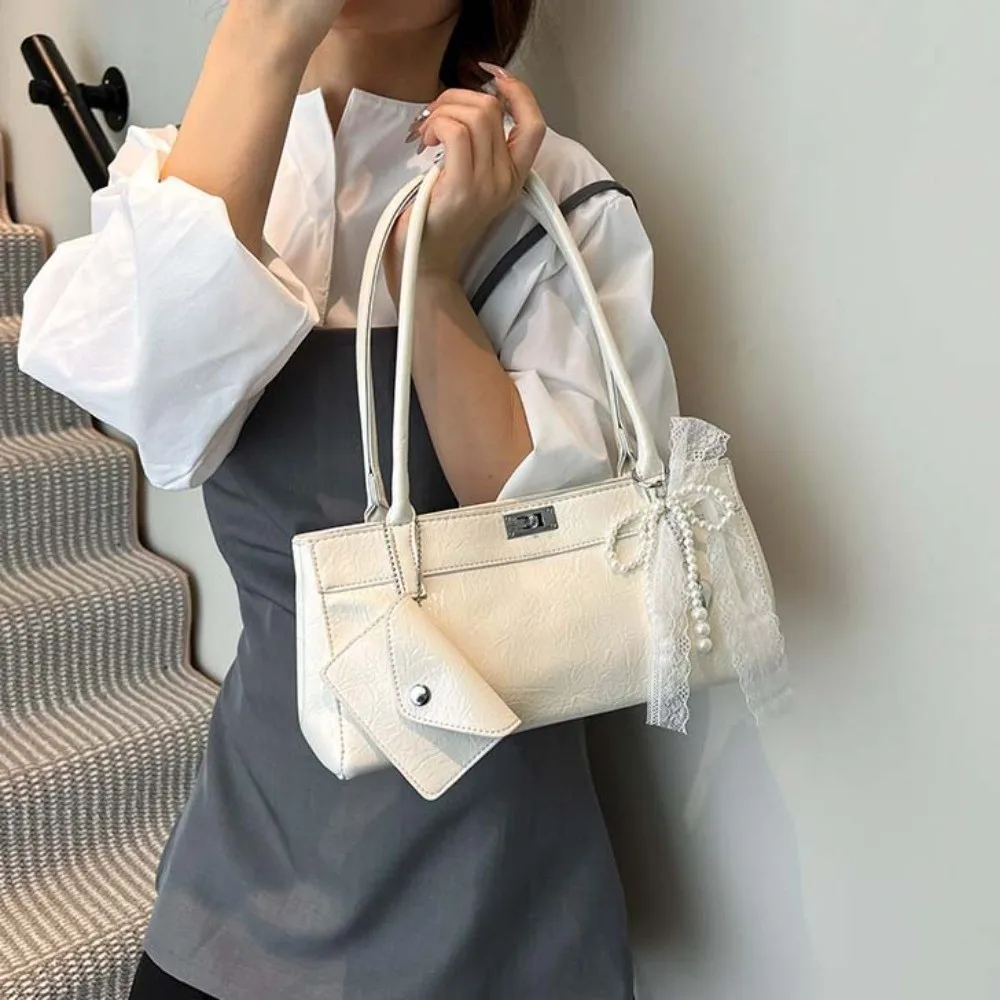 

All-match Sweet French Stick Handbag Lace Bow Ribbon PU Shoulder Bag Hanging Pouch Solid Color Texture Underarm Bags Work