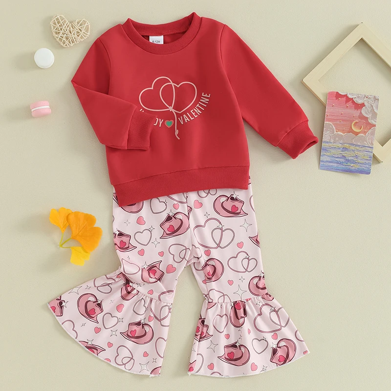 Toddler Little Girl Valentine Outfit Long Sleeve Round Neck Heart Print Sweatshirt Tops Elastic Waist Flare Pants 2 Pieces Set