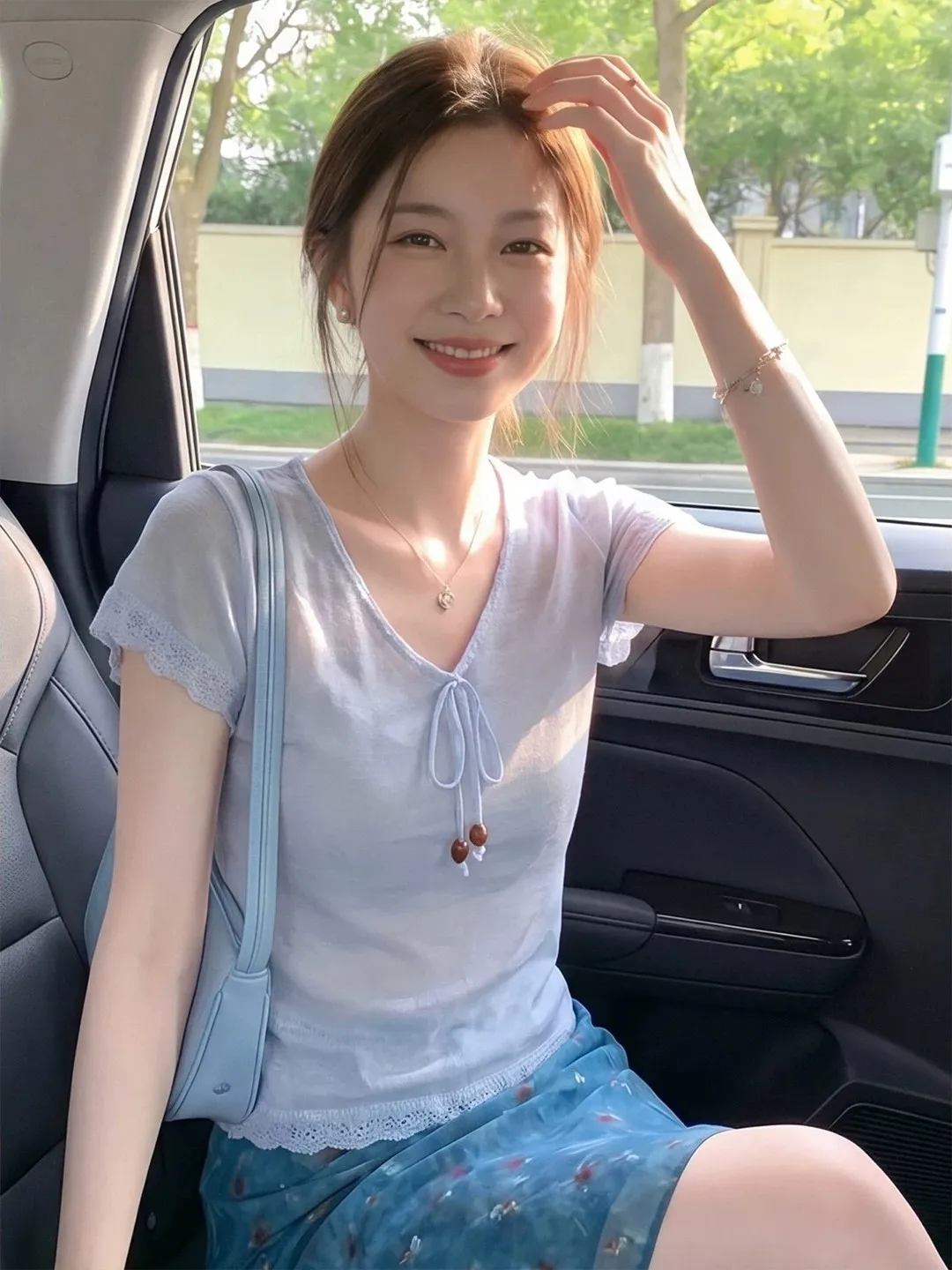 Blue Lace Trim V-Neck Short Sleeve T-Shirt Women's Slim Fit Summer Top Korean Style Breathable Comfortable Shoulder Level Shirt