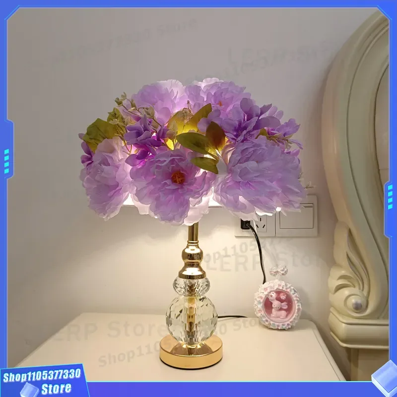 White Crystal Ball Table Lamp with Pink Rose Flower Design Elegant Bedroom Bedside Light Romantic Wedding Decoration Gift for