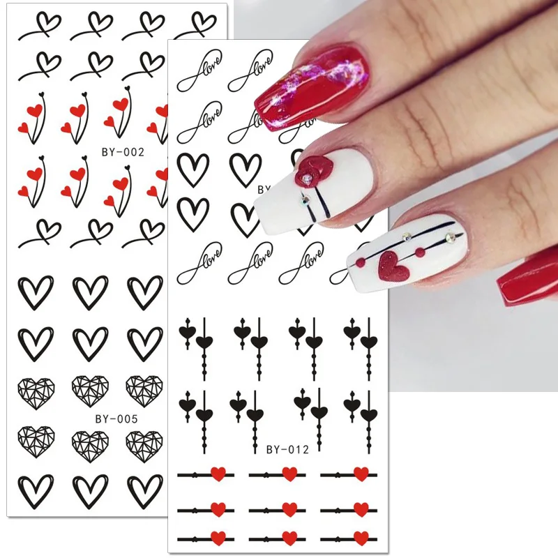 12pcs Love Heart Water Nail Decals Valentines Nail Stickers Rainbow Swirl Ribbon Wave Line Nail Art Stickers French Nail Sticker