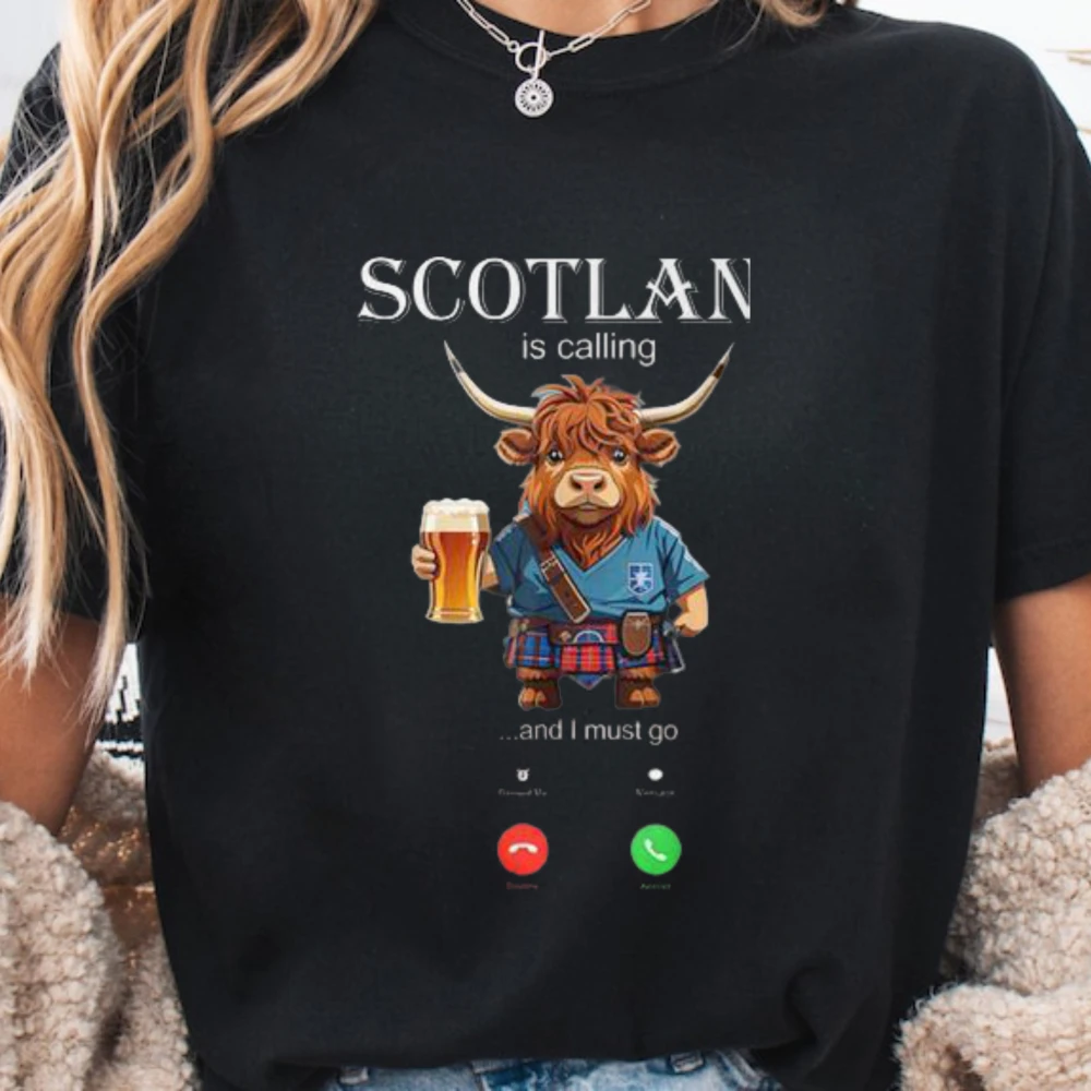 Scotland Is Calling I and I Must Go Highland Cow Scottish Tshirt Kilt Cow with Beer Phone Screen Tops Scotland Soccer Fan Tees