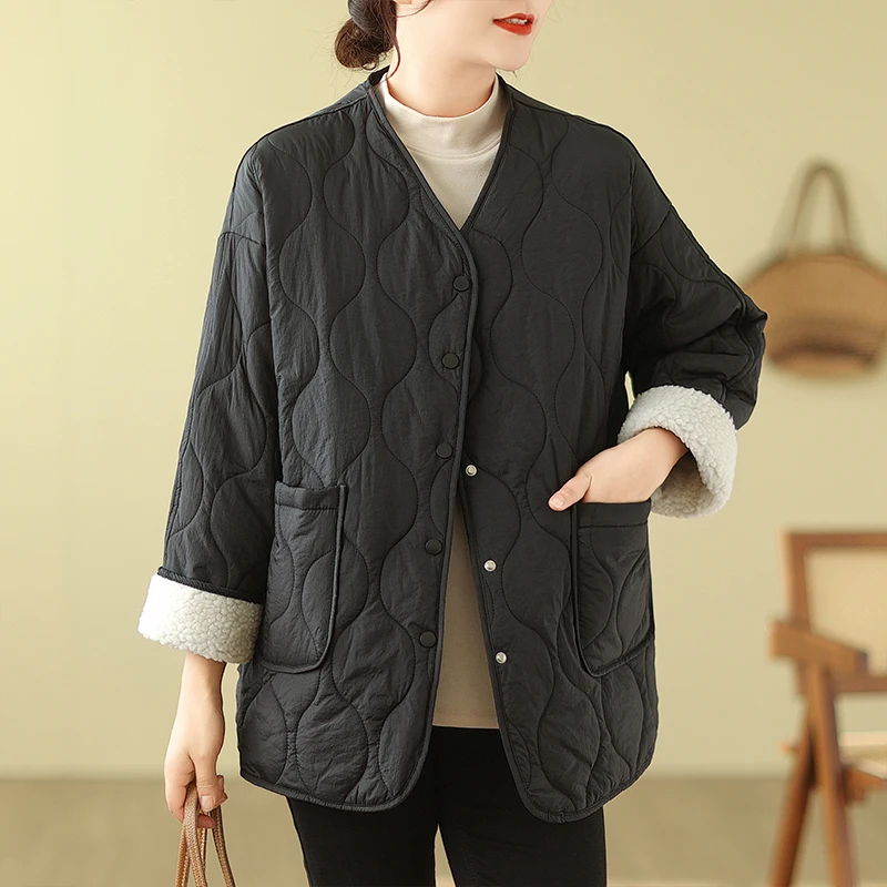 

Warm Lightweight Loose Women's Cotton Jaet Autumn Winter Korean Sle Single Button No Collar Quilted Diamond Pattern Coat