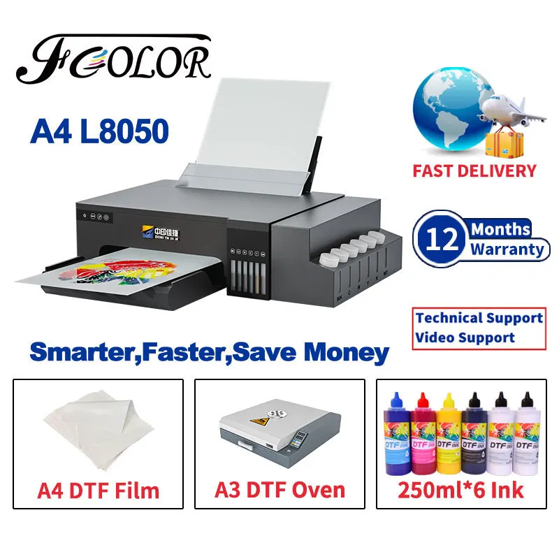 Fcolor 2024 Smart DTF Printer Easy to Use Epson L8050 Direct to Film A4 DTF Printer impresora dtf with Curing Oven on T-shirt