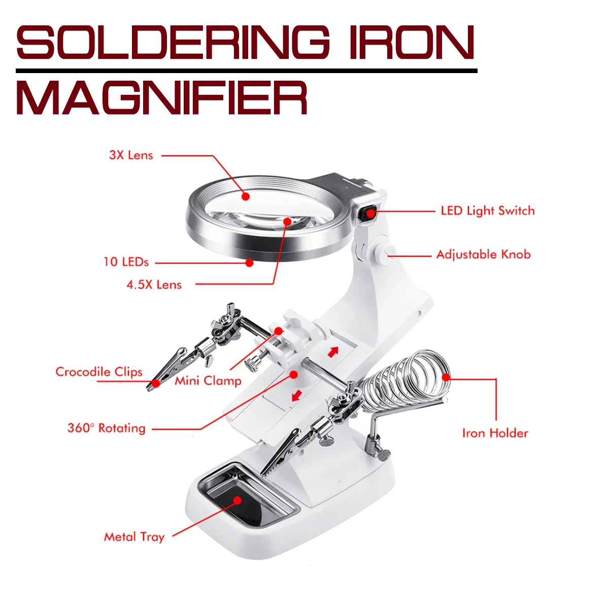 Magnifying Glass Rotatable Soldering Iron Station Stand Welding Clip Clamp 3 Hand Helping Desktop Magnifier Soldering RepairTool