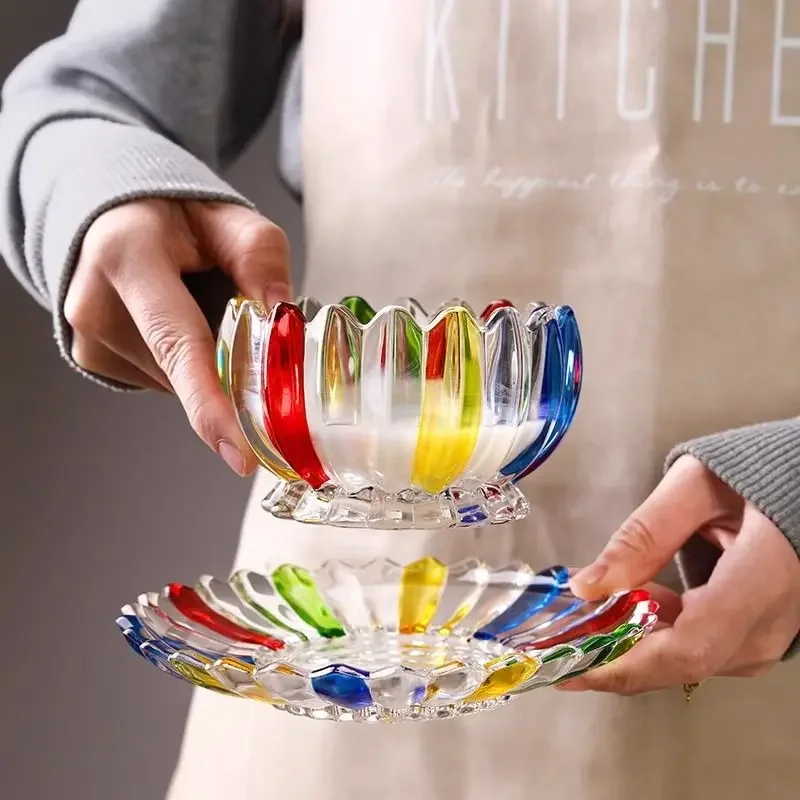 European Style Light Luxury Dish with Petals Hand-painted Colorful Ice Cream Dessert Bowl Glass Cup Milk Oat Breakfast Dish Set