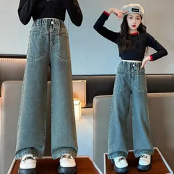 Ragazze Jeans 2024 Autunno Allentato Scuola Adolescenti Pantaloni di jeans dritti per bambini Casual Elastico in vita Pantaloni per bambini 12 13 14 anni