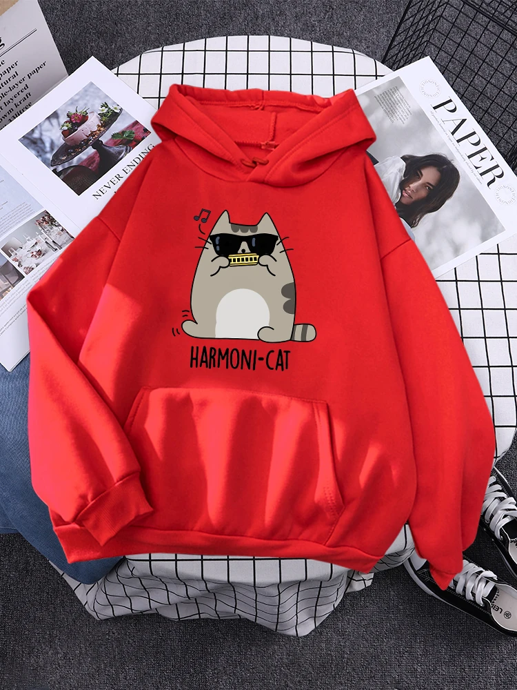 Harmoni Harmonica Music Catprint Women Hoodie Simple Aesthetic Pullover Street Oversize Sportswear Casual Comfortable Sweatshirt