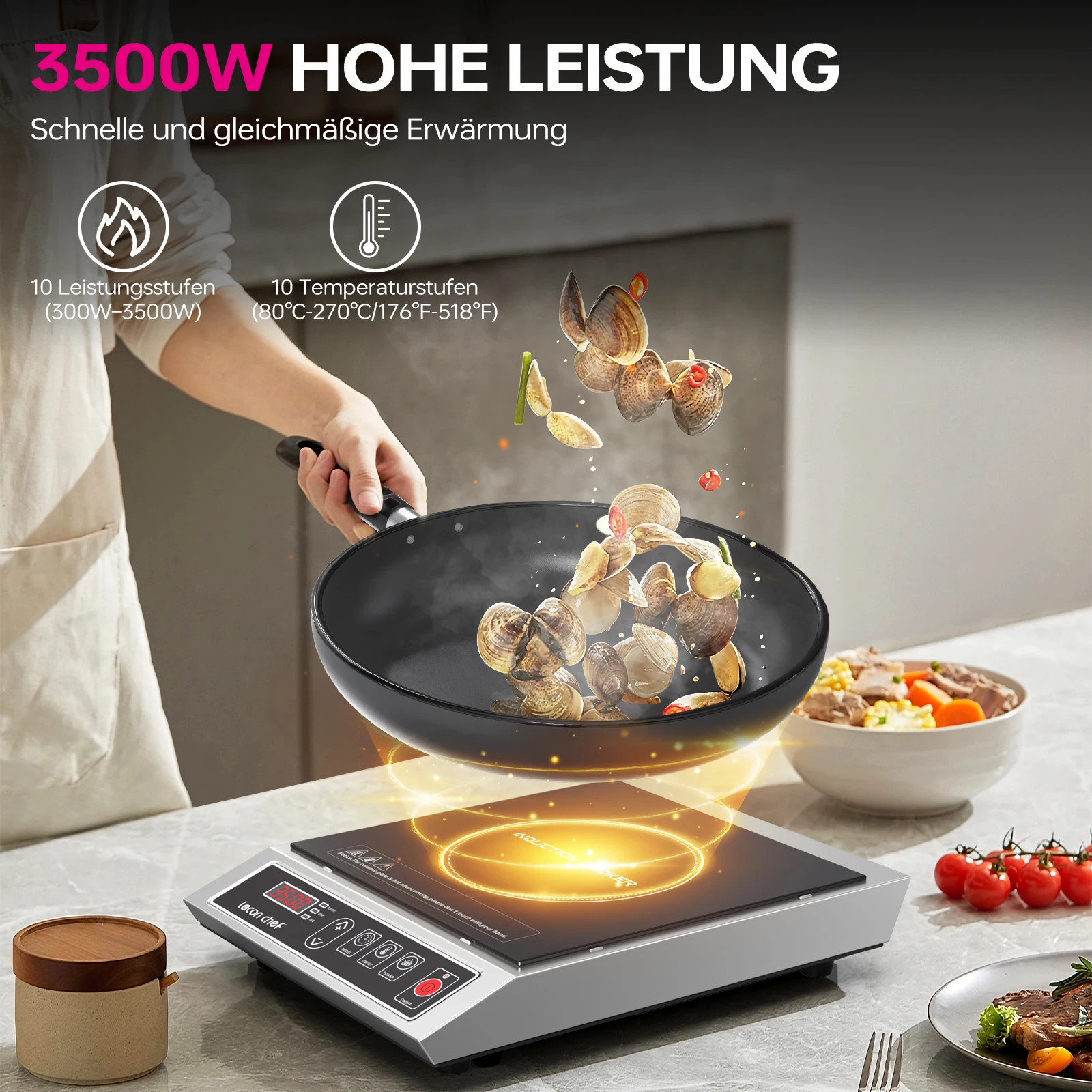 Lecon Chef Induktionskochplatte, 3500W Einzelinduktionskochfeld, Kochplatten, 50KG Große Tragfähigkeit Edelstahlgehäuse