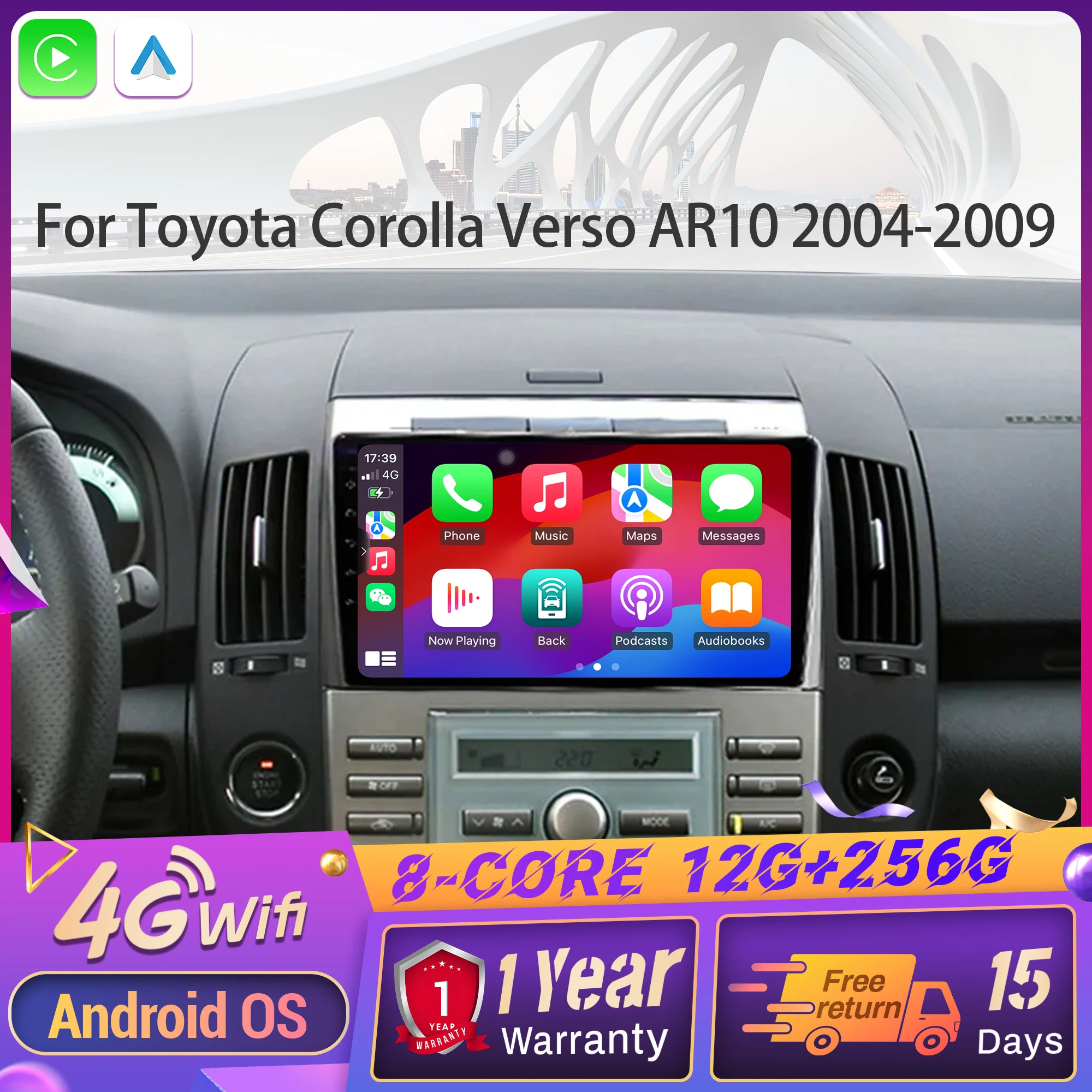 Car Radio For Toyota Corolla Verso AR10 2004-2009 Multimedia Navigation Android 14 GPS BT Stereo Wireless CarPlay Touch Screen