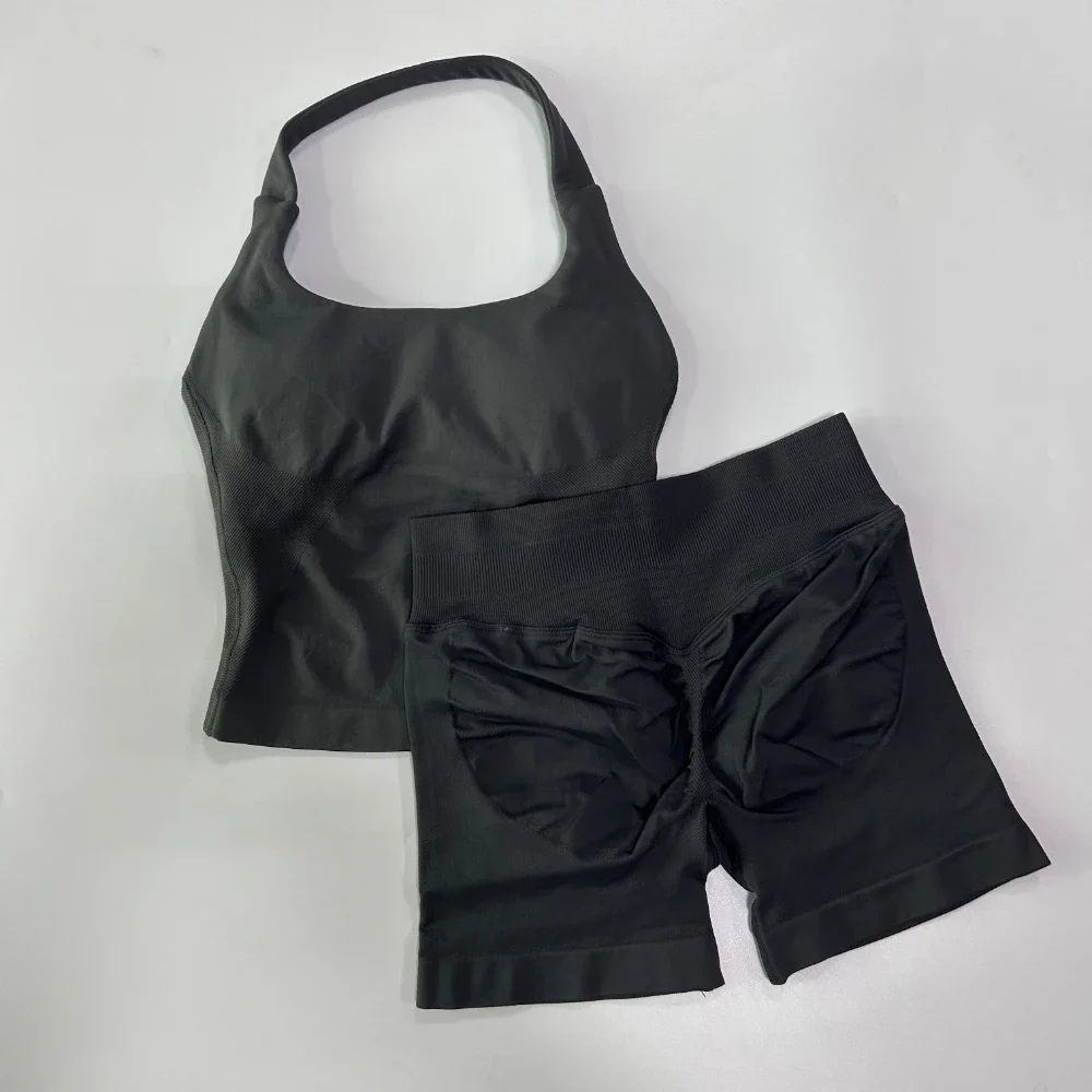No Logo 2-delige sportset dames, rugloze tanktops, high waist scrunch naadloze shorts, gymset, sportkleding, workoutset, yoga - afbeelding 1