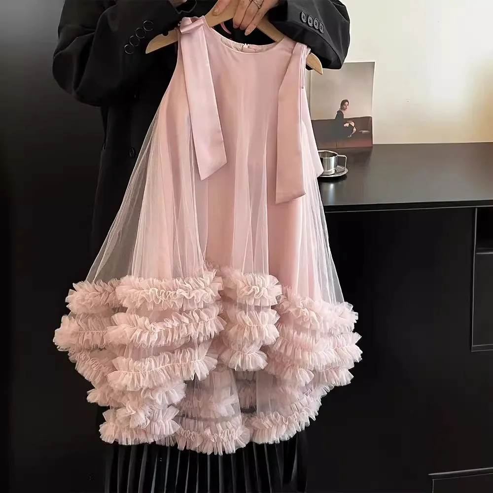 Vestido de princesa de lujo para niña, tutú con lazo rosa, vestido de boda sin mangas para bebé, fiesta de cumpleaños infantil, vestido de pastel