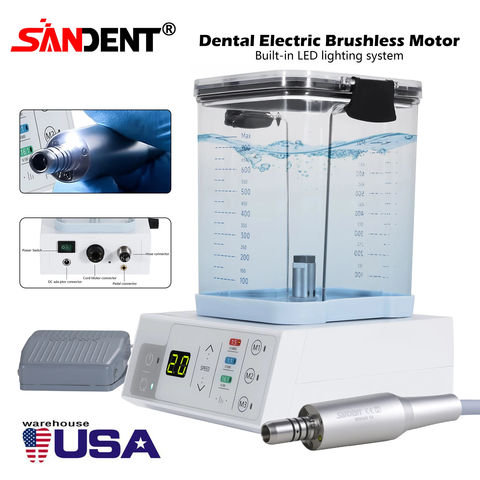 SANDENT Dental LED Brushless Electric Micro Motor 40K RPM E-Type Vector Control System with Water Tank For Practice Surgical