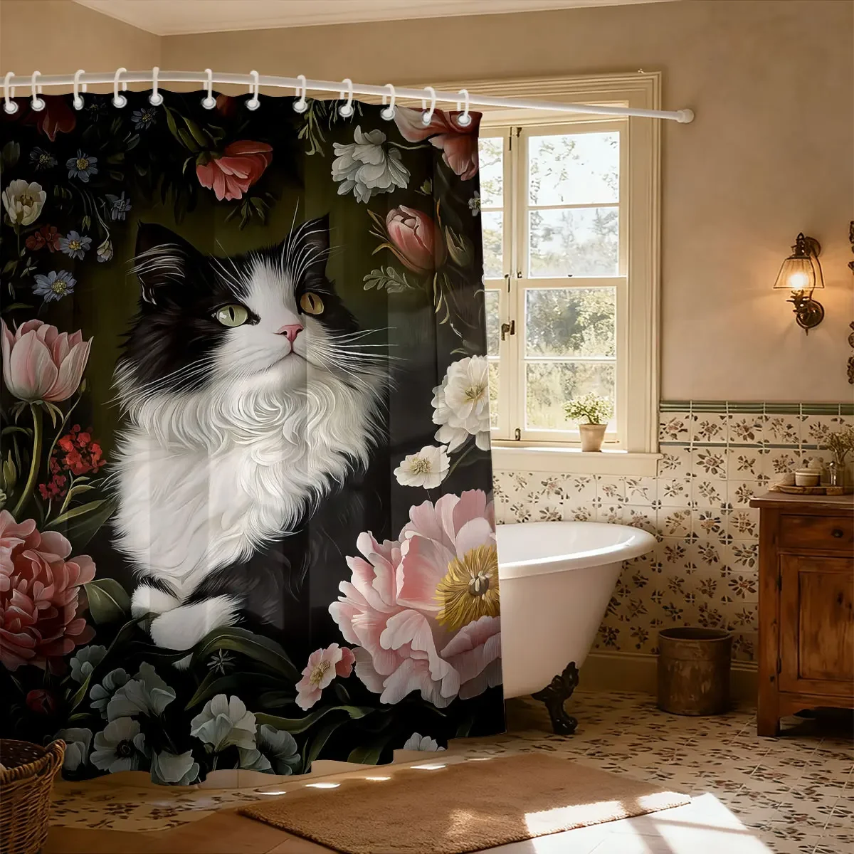 1pc Cute Cat Flower Printed Shower Curtain Multi Size Partition Privacy Hanging Curtain With 12 Hooks Home Bathroom Decoration