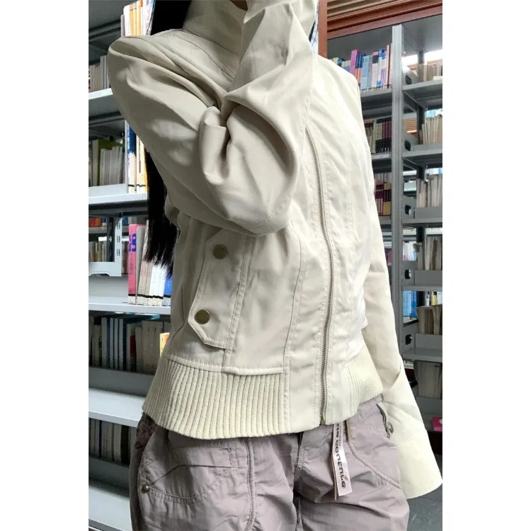 American Vintage All-match Short Coat Women Summer Thin Long Sleeve Jackets 2026 New Stand Collar Zipper Tops Mujer