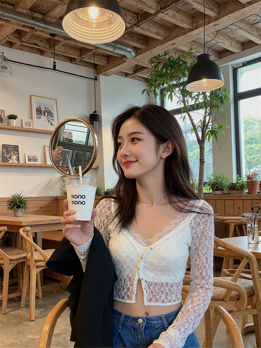 Dames feestoverhemden met lange mouwen Dames Wit Gehaakt O-hals Ronde kraag Knop Voorkant Eenvoudig Basic Minimalistisch Mode Casual Tops