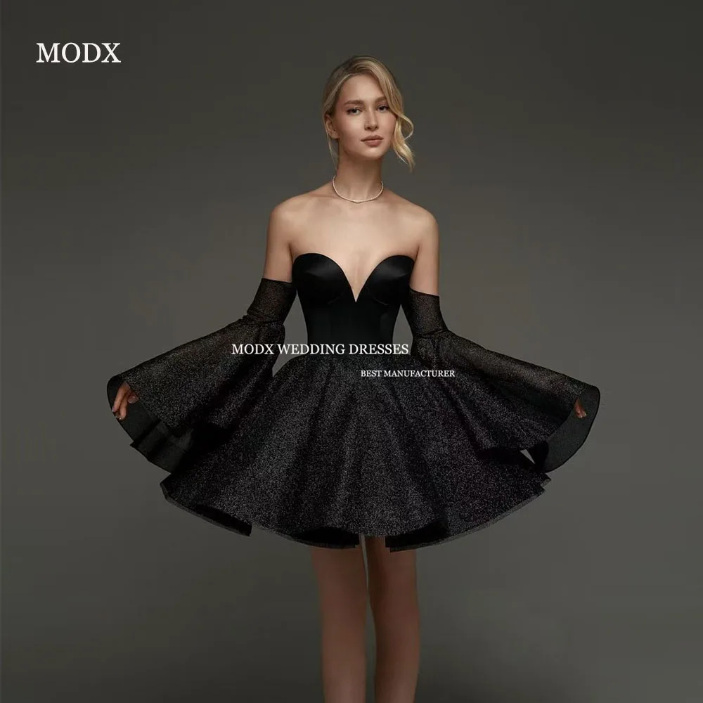 

MODX Sexy Sweetheart Black Mini Short Prom Party Dresses Puff Long Sleeves Glitter Cocktail Dress Night Event Gowns