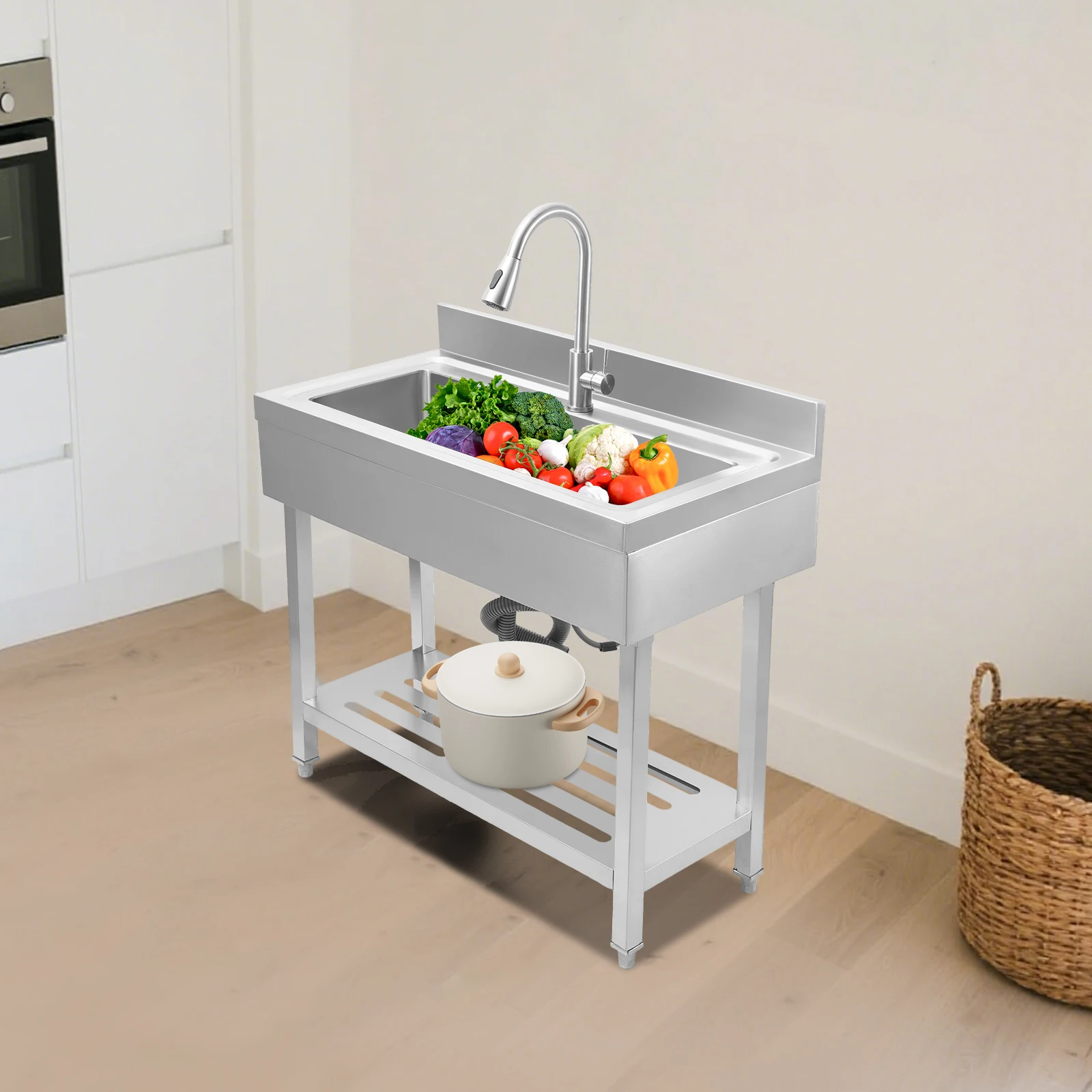 

201 Stainless Steel Utility Sink Floor Mount Single Bowl 13.21Gal Large Capacity with Pull Out Faucet 360 Rotation Hot Cold Water Adjustable Feet Storage Shelf for Bathroom Laundry Restaurant Kitchen Garage Utility Room