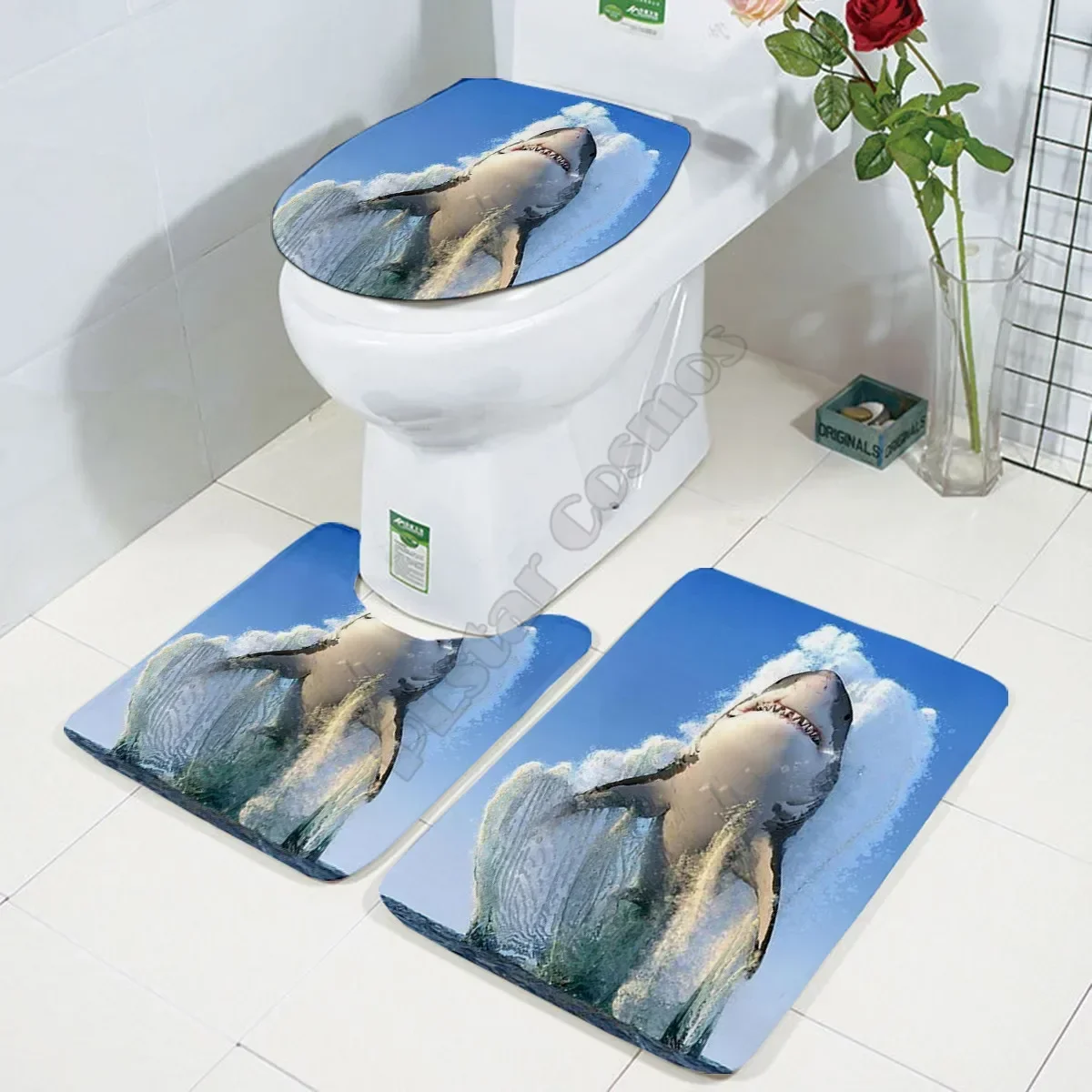 Shark Three-piece set 3D printed Bathroom Pedestal Rug Lid Toilet Cover Bath Mat Set drop shipping 01