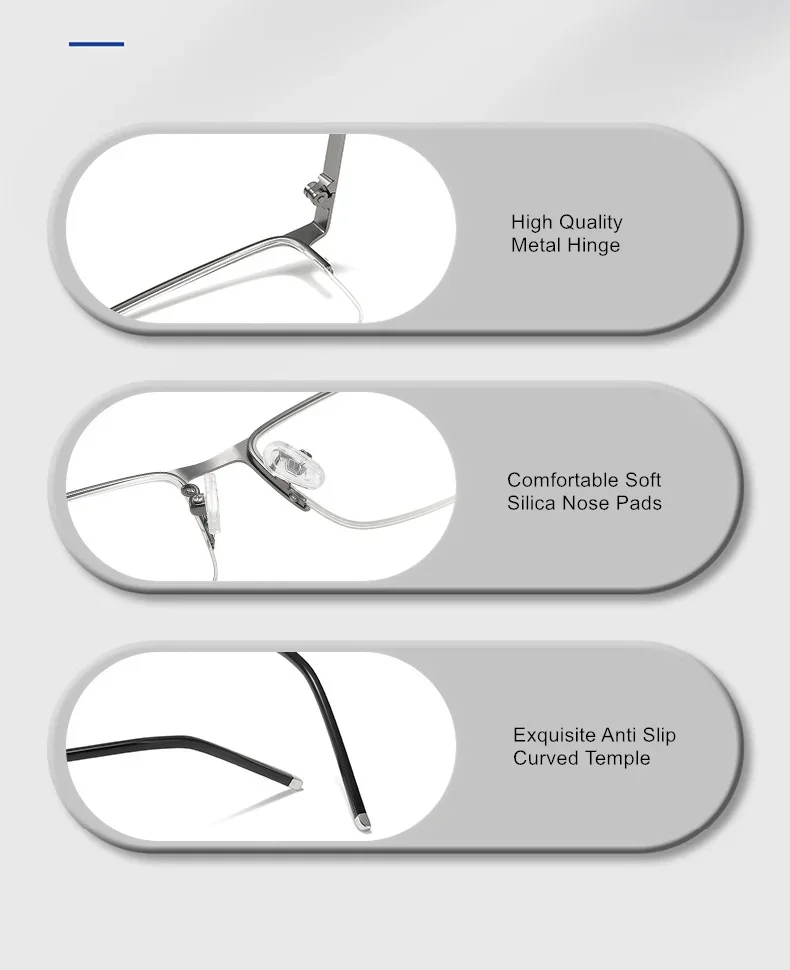 Premium Titan Halbrand-Brille nach Rezept Herren Damen Sphäre -0.5 bis -10 Zylinder -0.5 bis -2.0 photochrome Gläser oder Blaulichtfilter F635 – Detail 9