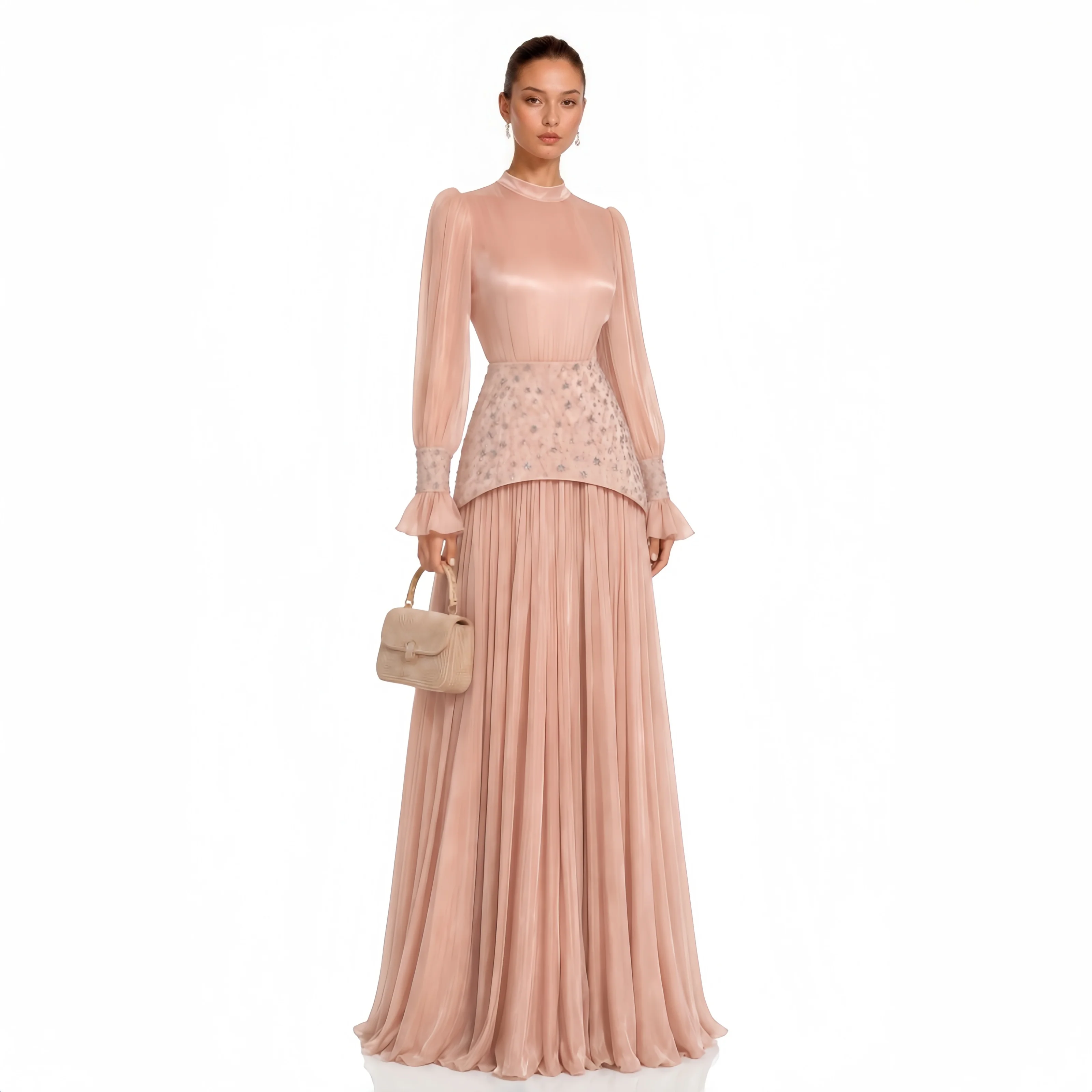 Danni Evening Dresses Customize Scoop Neck Pink Elegant Party Dresses Long Sleeves A-Line Beading Floor-Length Birthday Dresses