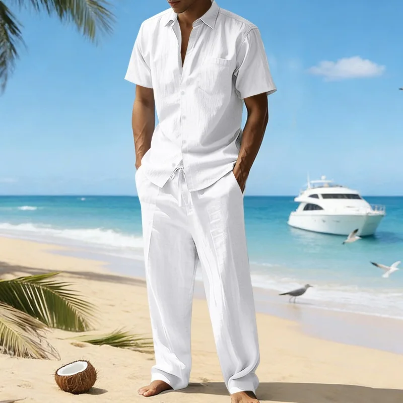 Herren Sommer Leinen 2-teiliges Outfit-Set, einfarbig, lässiges Kurzarmhemd, lange Hose, modischer, atmungsaktiver Anzug für Herren