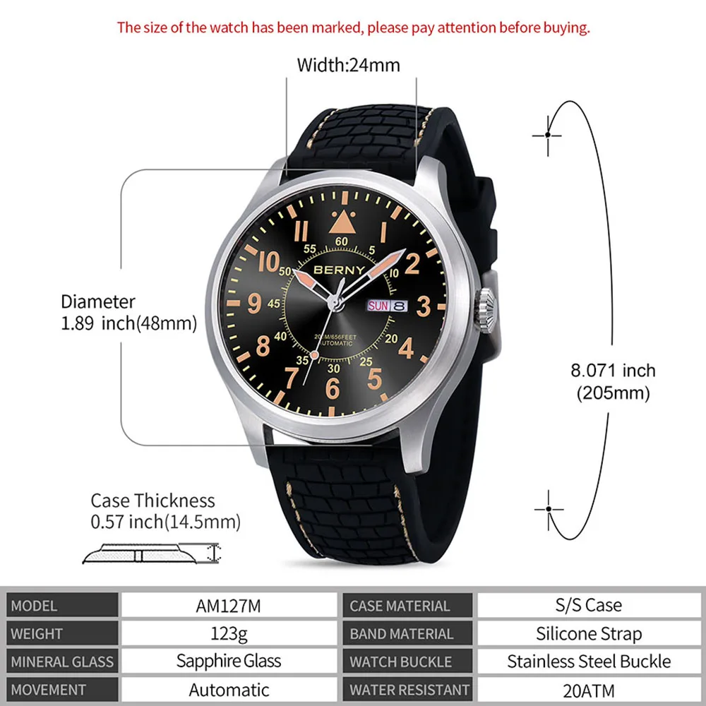 Berny Automatic Watch Men Military Watches Sports 200M Diver Mechanical Wristwatches 48mm Pilot Luminous Sapphire Clocks Homage