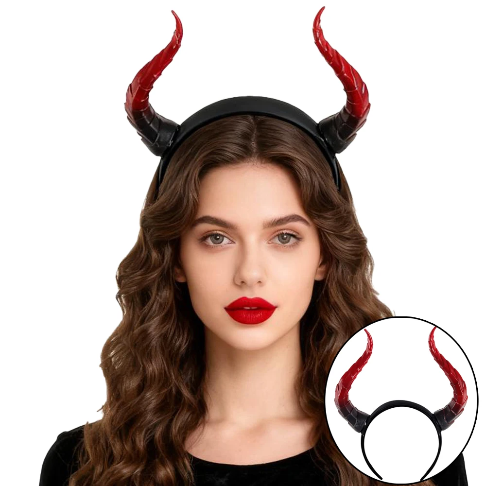 Tocado con cuernos de demonio rojo y negro, tocado para Cosplay de animales, antílope, vaca, diablo, tocado de Halloween, accesorios de disfraces para fiesta de Carnaval