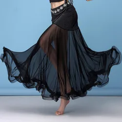 Silver Mesh Belly Dance Skirt Women Dancer Costume Outfit Tribal Maxi Full Circle Solid Color Dancewear Black Red XL Adults