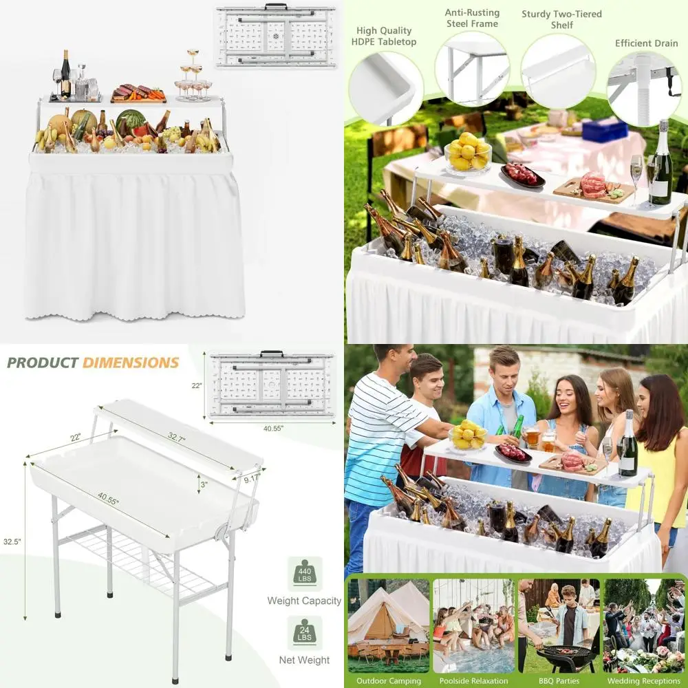 طاولة تبريد ثلج خارجية قابلة للطي مع رف تخزين، مثالية لمشروبات الحفلات، تتضمن الصرف، مثالية للتخييم والخارج