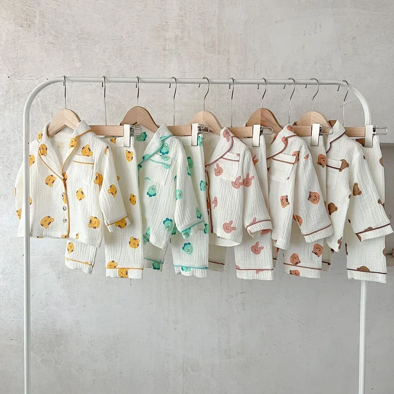 

INS Baby Sleepwear Set 0-3Years Newborn Boy Girl Long Sleeve Cartoon Pattern Cotton Cardigan Tops+Pant 2PCS Loungewear Clothes