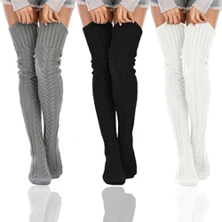 Calcetines altos hasta el muslo de punto de Cable para mujer, medias Extra largas, calentadores de piernas por encima de la rodilla, invierno, 1 par