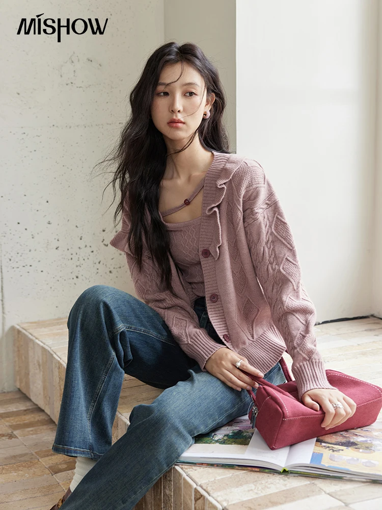 

MISHOW Pink Knitwear Camisole Cardigan Separately 2024 Fall Fashion Sweet Knitted Vest Asymmetric Flounce Sweaters MXD45Z0781