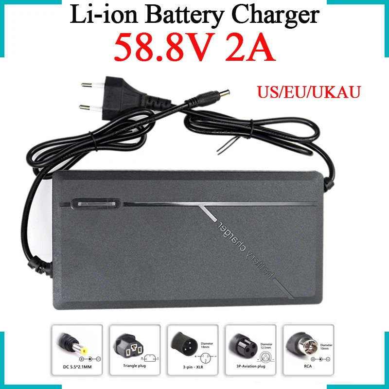 

New 58.8V 2A Lithium Battery Charger 100-240V For 14S 52V Electric two wheeleds Li-ion Cells Fast and safe Charging US/EU/UK/AU